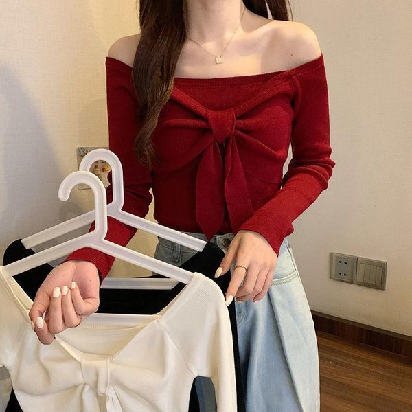 

women's sweaters black tshirts off shoulder bow knitted long sleeve t-shirt mujer white jumpers high street ribbed pullovers, White;black