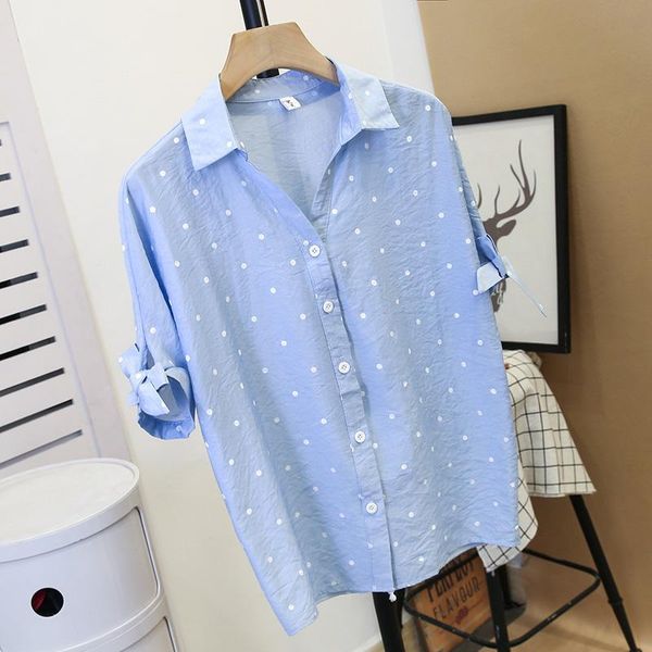 

women chiffon blouse polka dot printed short sleeve v-neck casual shirts summer loose single buckle blouses, White