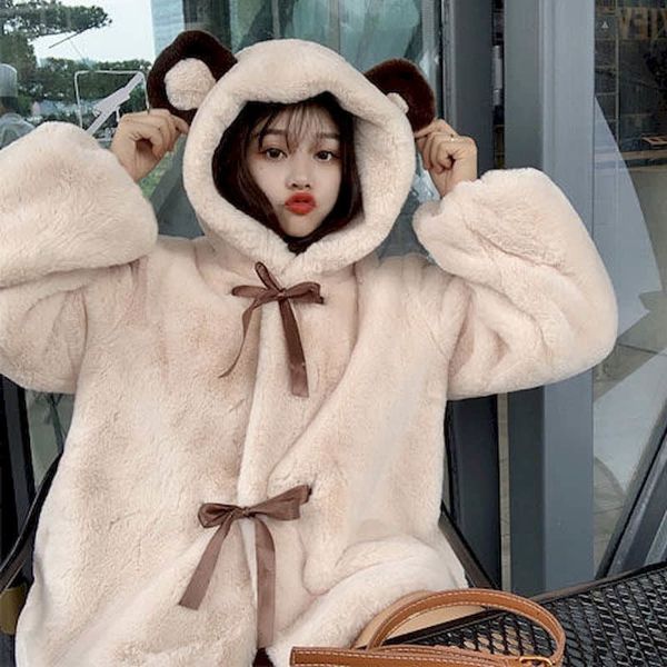 

women's fur & faux womens clothes lady stuffed with hood fur mid-korean length loose winter coat girl pretty student bear rabbit ear 3, Black