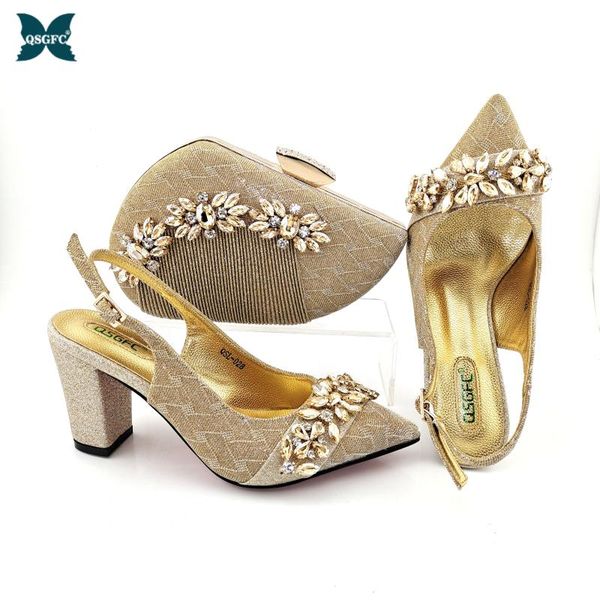 

italian design nigerian arrival fashion special crystal style elegant women shoes and bag set in gold color for party dress, Black
