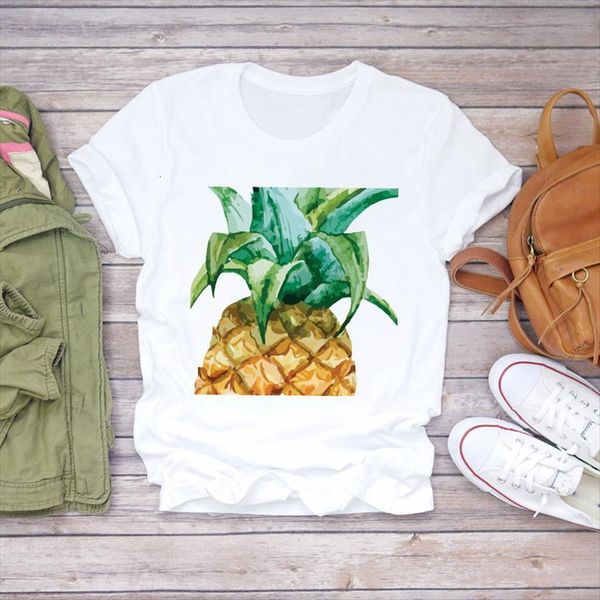 

fruit pineapple watercolor streetwear womens t shirt cute 90s print ladies womenns graphic female tee, White