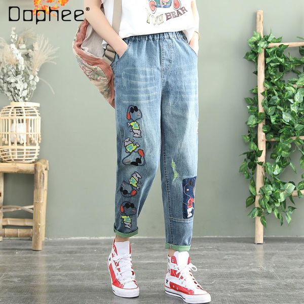 

spring embroidery cartoon ripped elastic waist loose jeans women's plus size casual denim cropped harem pants, Blue