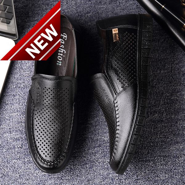 

summer new men's perforated casual leather dad's single shoes, Black