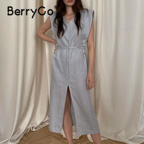 

casual dresses berrygo side lace up split dress women sleeveless long v-neck solid blue personality ladies 2021, Black;gray