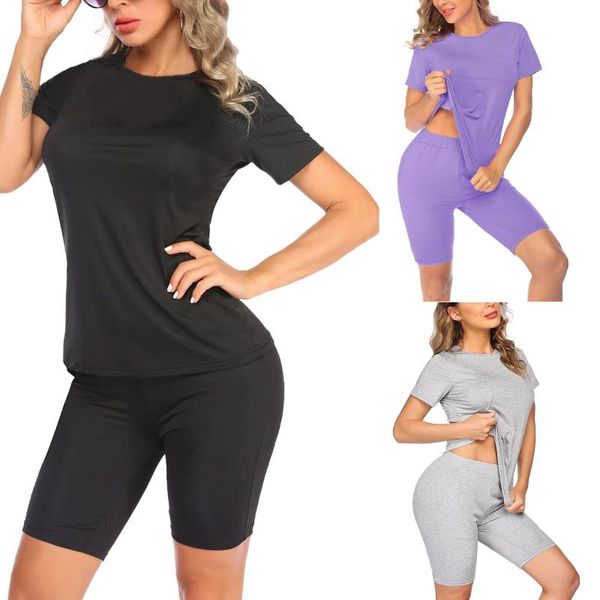 

women's tracksuits workout sets pure color casual shorts suit 2 piece t-shirt jogger tracksuit sport outfits, Gray