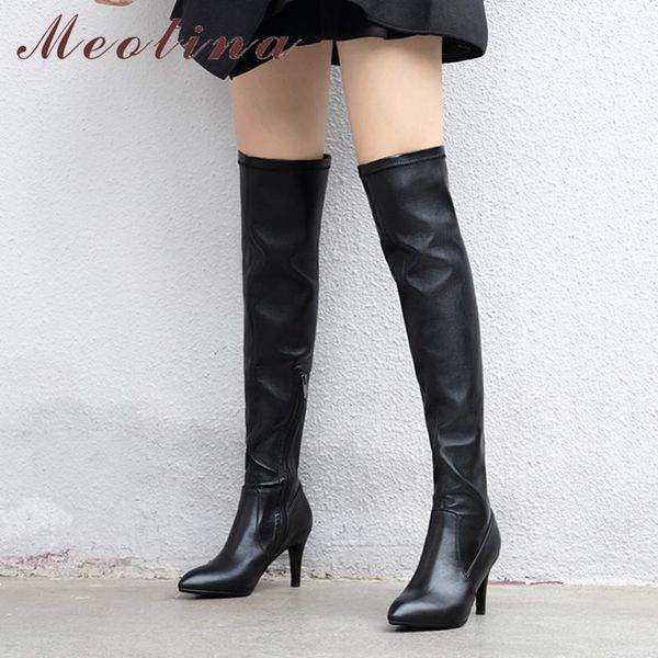 

boots meotina women shoes genuine leather thin high heel ladies zipper pointed toe over the knee autumn winter black 33-39