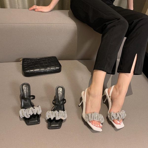

sandals 2021 summer rhinestone thin heel middle high square open toe versatile show women's shoes fashion, Black