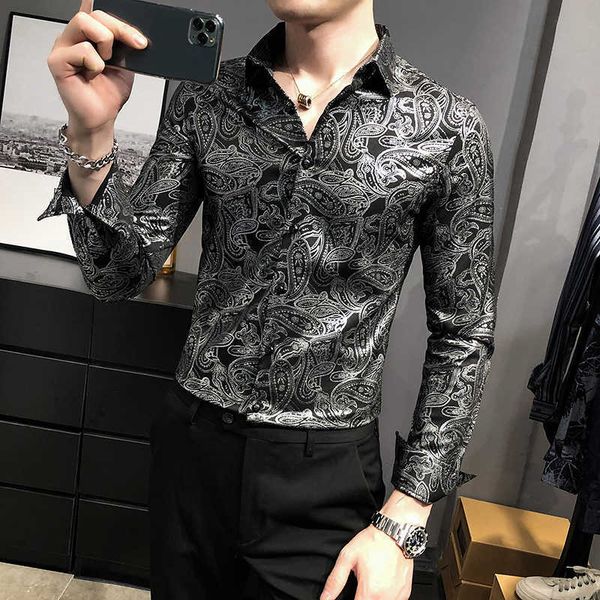 

cashew flowers shirts for men long sleeve slim fit shirts fashion social business casual dress shirt streetwear clothing camisa 210527, White;black