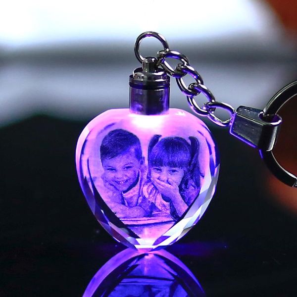 

keychains colorful crystal key chain po led light keychain fashion luminated keyring heart shaped glass picture baby souvenir gifts, Silver