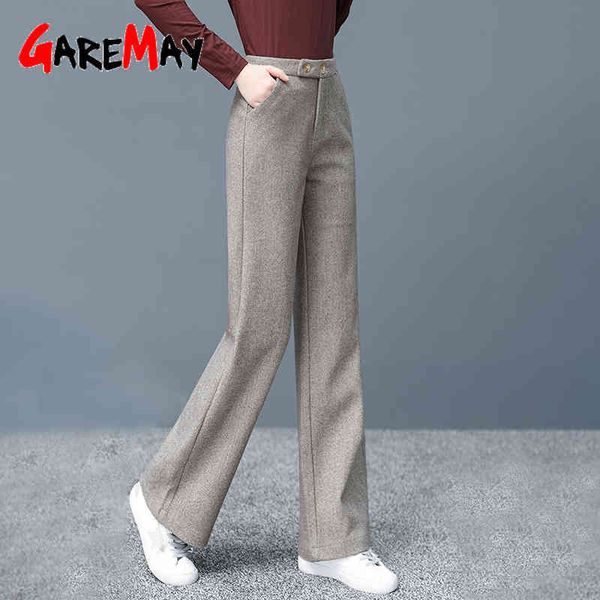 

winter office suit wool pants for women high waist autumn classic women's warm straight with pockets wide leg trousers 210428, Black;white