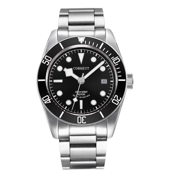 

wristwatches corgeut 41mm automatic mechanical watch men miyota movement luxury luminous waterproof calendar black dial diver wristwatch, Slivery;brown