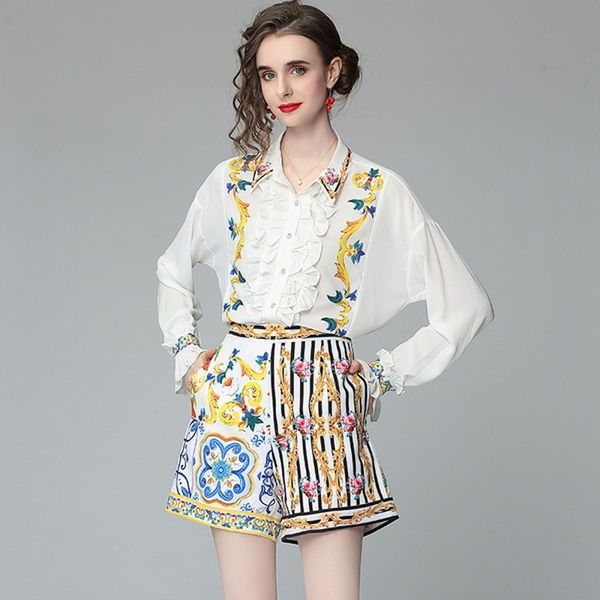 

summer women shorts suits runway design vintage white ruffles tshirt + high waist print shorts ladies fashion 2 piece sets 210514