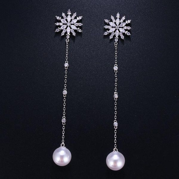 

dangle & chandelier ekopdee snowflake silver color long zircon earrings for women 2021 elegant cubic zirconia female fashion jewelry