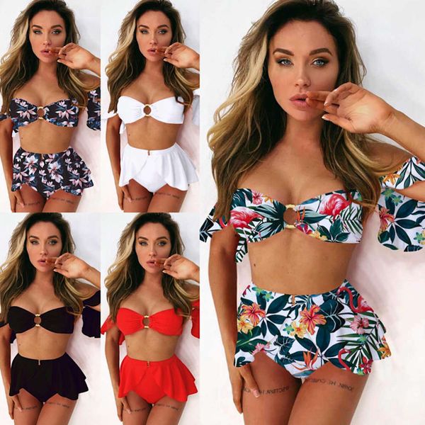 

three piece bikini printed ruffle swimsuit, White;black