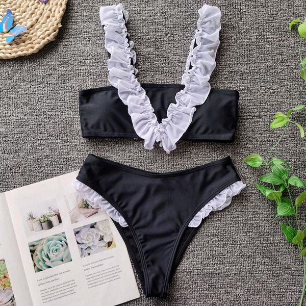 

women's swimwear 2021 white lace ruffled solid color sweet bikini set split swimsuit two-piece beachwear, White;black
