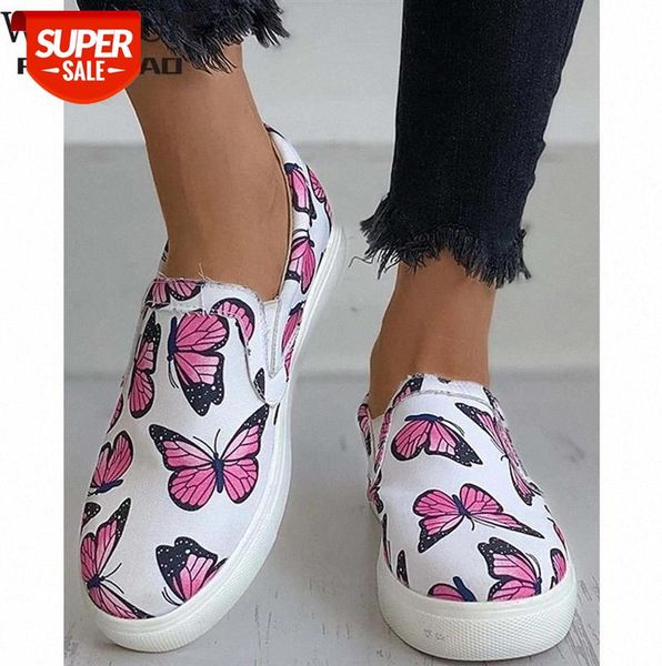 

brand new female fashion trendy shallow vulcanized butterfly thick bottom slip on women's flats print soft casual shoes woman #sn9x