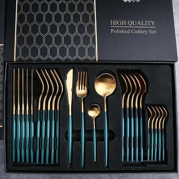 

dinnerware sets 24pcs gold tableware set fork spoon knife cutlery stainless steel cake stand dinner kitchen holiday gift box