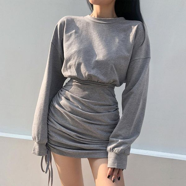 

casual dresses women's mini dress folded sheath long sleeve o-neck tight waist slim office lady solid fashion summer nice, Black;gray
