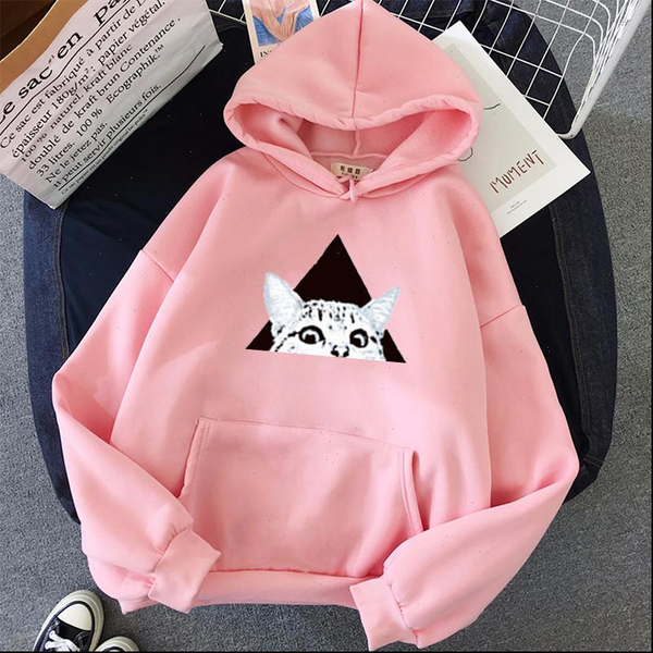

oversized cute cat cartoon women hoodies hooded print long sleeve loose streetwear pullover, Black