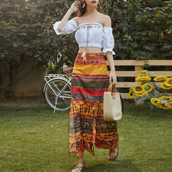 

skirts ethnic print boho skirt high waist summer split fashion bohemian beach trips a line elegant ladies casual midi, Black