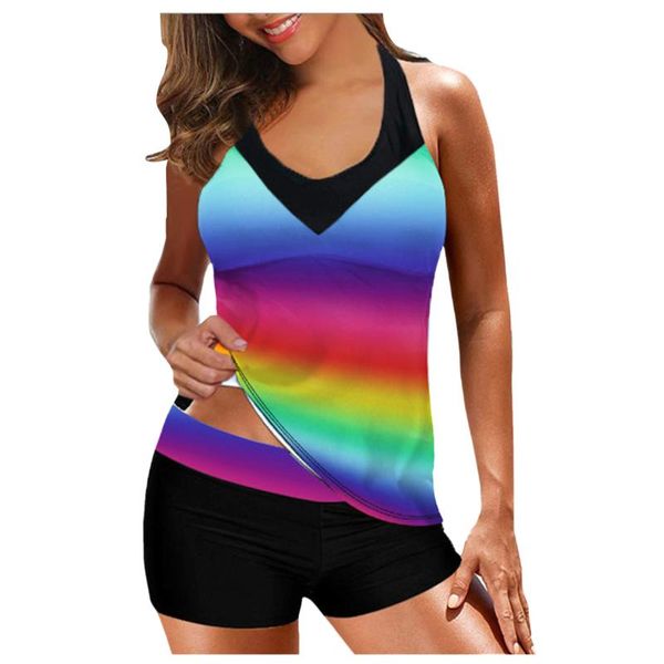 

women's swimwear plus size female tankini bodysuit two piece bikini set gradient print sport swimsuit women beach wear biquini, White;black