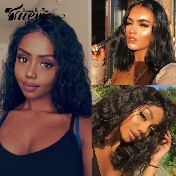 

trueme natural wave short bob wig middle part lace front human hair wigs for women brazilian 4.5 inch i, Black;brown