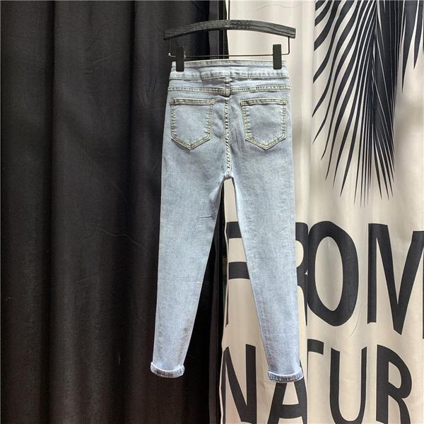 

women's jeans european slim button pencil pants 2021 spring heavy rhinestone skinny retro denim drill jean femme, Blue