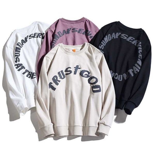 

High street Kanye beauty trendy letter hip hop loose round neck sweater men' and women' casual couple' wear, White