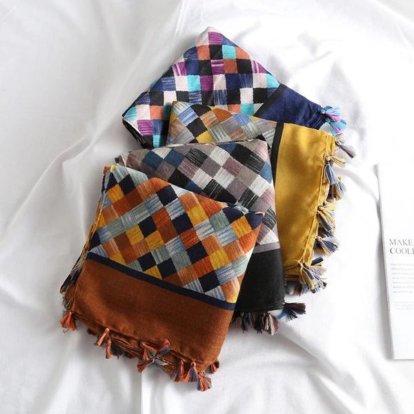 

scarves 2021 fashion women viscose scarf ombre geometric plaid tassel hijab shawls and wraps female foulards echarpe designer 180*90cm, Blue;gray