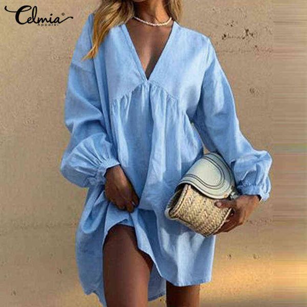 

celmia 2021 fashion mini dress women deep v neck long puff sleeve party vestidos elegant casual pleated baggy solid vestido y1204, Black;gray