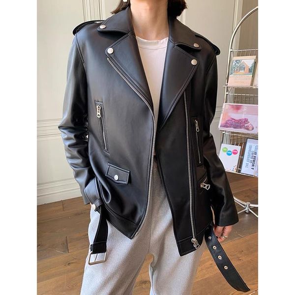 

women's leather & faux jacket 2021 spring and autumn geanuine sheepskin loose moto biker jackets coats plus size overcoat female, Black
