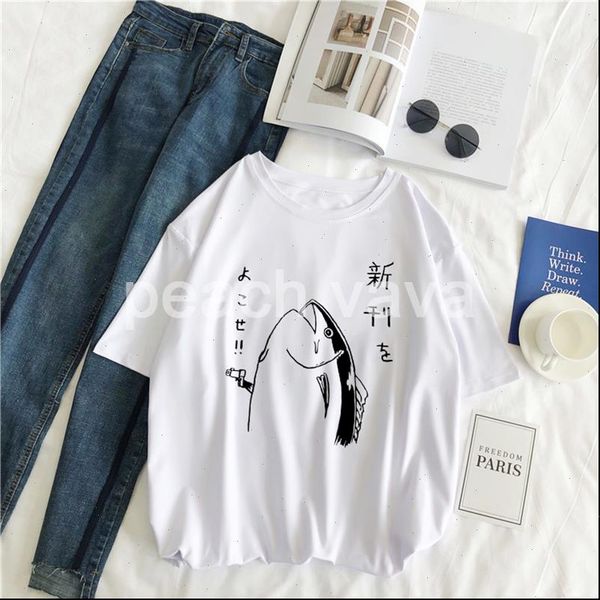 

summer women t shirts fashion kawaii cute basic fish pattern japanese harajuku ulzzang wild funny short sleeve casual white shirt