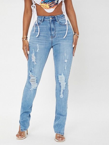 

sxy curvy high waist ripped split hem jeans e2jt#, Blue