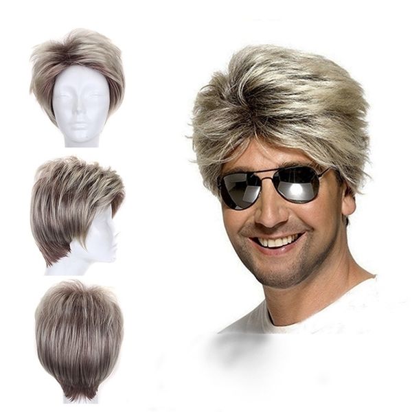 

gradient gold male wig fluffy short hair high temperature silk, Black