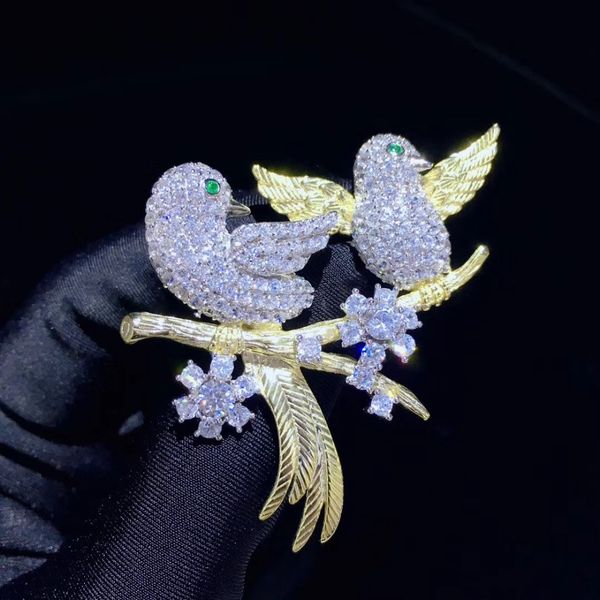 

double birds brooch 925 sterling silver with cubic zircon cute romantic fine women jewelry pave stone high quality, Gray
