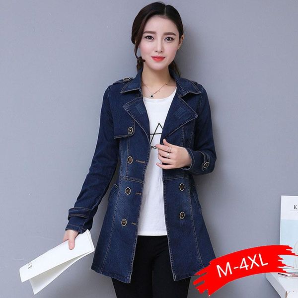 

women's jackets 2021 long denim jacket women double breasted jeans coat ladies casual slim plus size 3xl 4xl windbreaker woman with bel, Black;brown