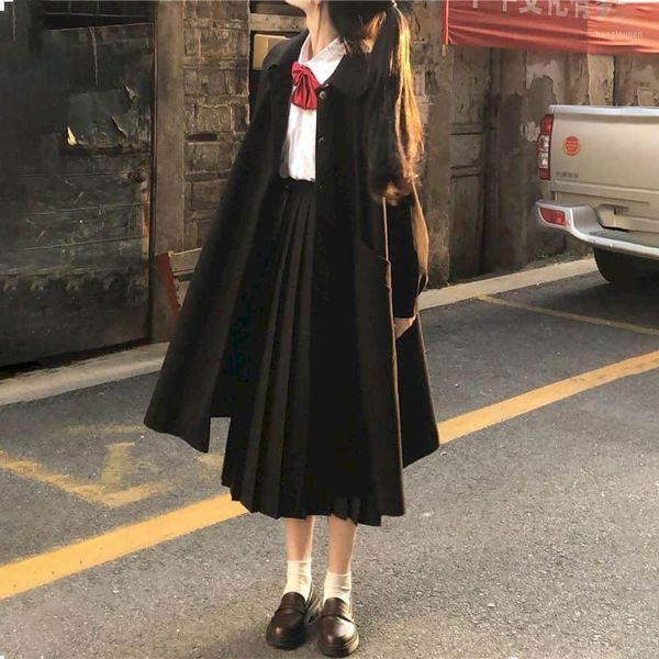

[three piece suit] mid length tweed coat + long sleeve bow shirt pleated skirt spring autumn japanese preppy style suit simple women's, Black