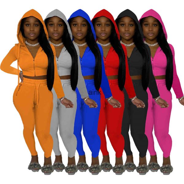 

women tracksuits designer solid color fashion hooded two piece sets casual zipper jacket jogging suit club tight pants leggings spring fall, Gray