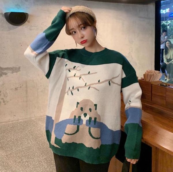 

fashion brand cartoon casual preppy style loose spring winter pullovers knitted o-neck women's clothing sweaters korean ulzzang, White;black