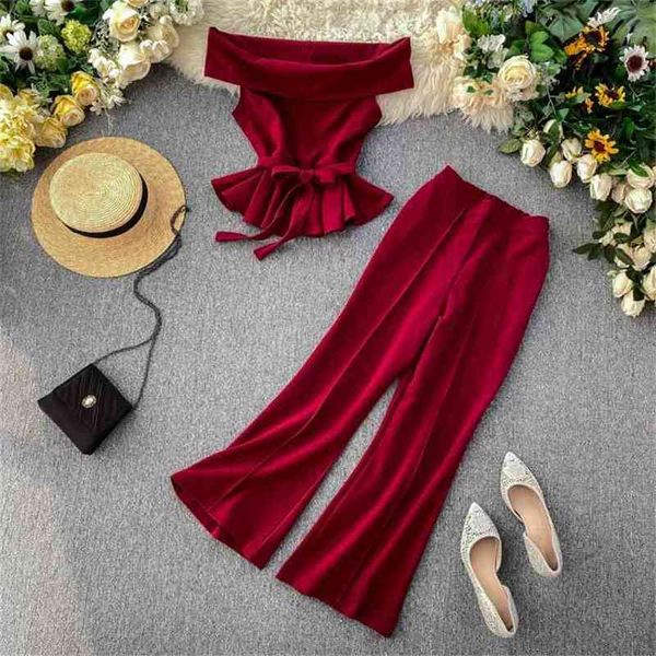 

elegant women outift clothes summer off shoulder slim bandage blouse + pants two piece sets woman fashion suits 210525, White