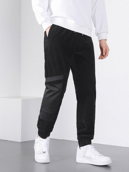 

men letter embroidery slant pocket corduroy pants i63d#, Black