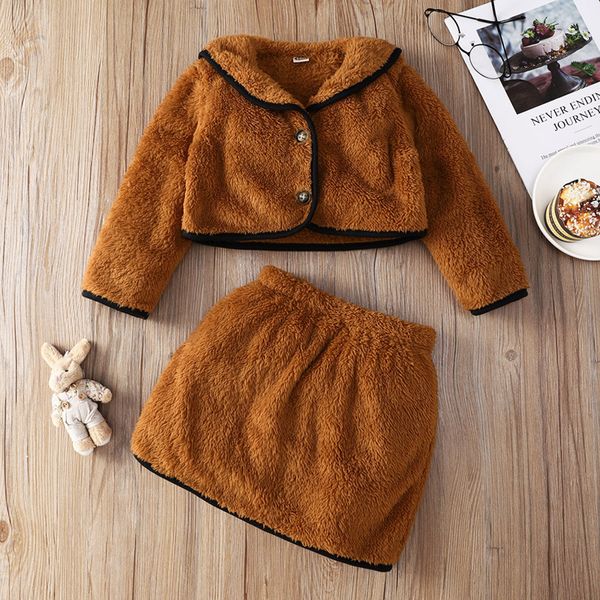 Inverno bebê meninas roupas conjuntos primavera outono moda menina roupa 2 pcs marrom manga longa lapela cinta de lapela criança saia terno crianças roupas