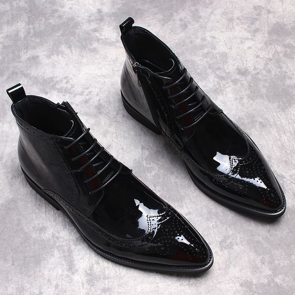 Lüks Erkek Ayak Bileği Çizmeler Orijinal Rugan Ayakkabı Fermuar Dantel Up Sivri Burun Kahverengi Siyah Gündelik Elbise Resmi Ayakkabı Erkek Çizmeler