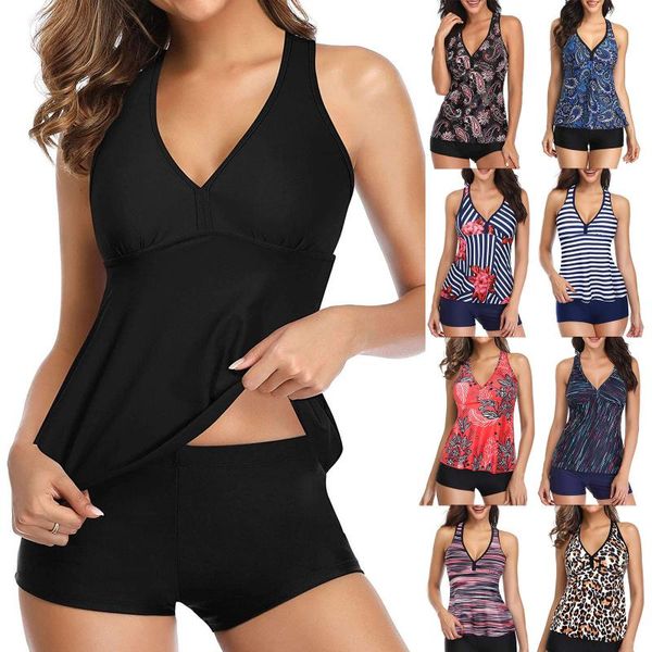 

women's swimwear plus size women black tankini tummy control tank retro solid swimsuit with shorts two piece bathing suit, White;black