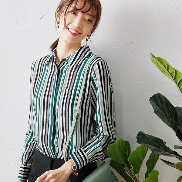 

women's blouses & shirts vertical stripes shirt women silk loose long sleeved blouse professional workplace commuting 2021 spring, White
