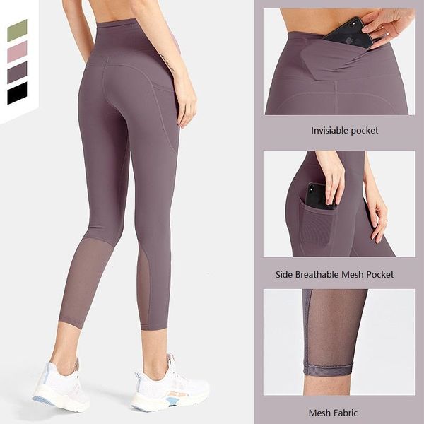 

double sided polished nude yoga pants women's high waist sports running mesh fitness tight elastic breathable pocket outfit