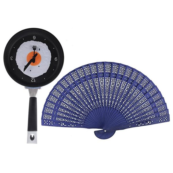 

pcs frying pan clock with fried egg - blue & 1 8 inch folding fan wooden hand flower bamboo pocket wall clocks