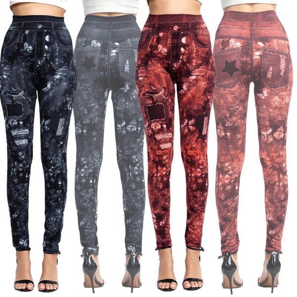 

print faux jeans women seamless elastic fitness push up leggings high waist pants streetwear1, Black