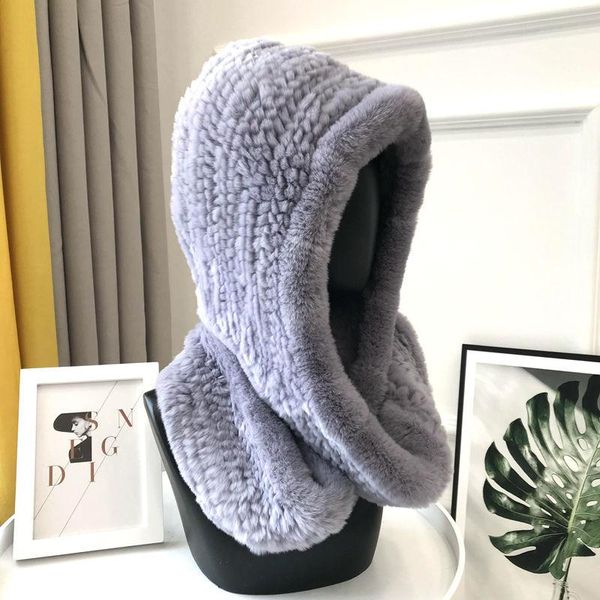 

beanie/skull caps women knitted real rex fur hat hooded scarf winter hats for woman cap warm natural with neck scarves, Blue;gray