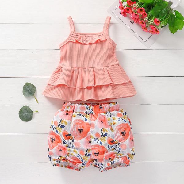 

clothing sets #vw girls 2pcs suit ruffles solid suspender vest+sunflower print ruched shorts outfits summer toddler baby rope, White